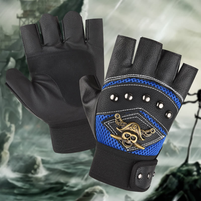 Piraten-Biker-Handschuhe mit Totenkopf-Nieten, halbfingerig, aus Leder, für Outdoor-Aktivitäten - image 3