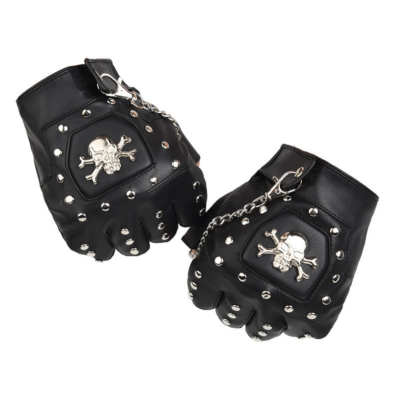 Schwarze, mit Totenkopf-Nieten besetzte Halbfinger-Motorradhandschuhe mit Kette - image 5