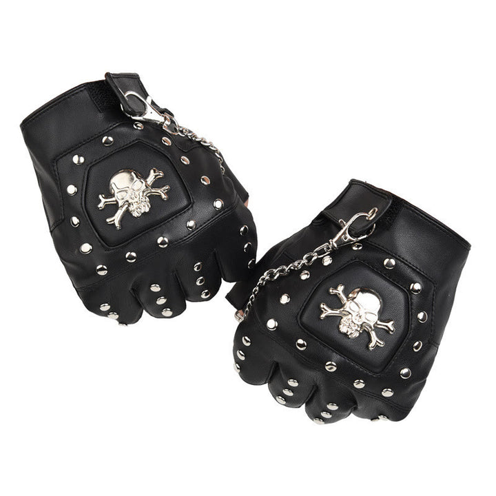 Schwarze, mit Totenkopf-Nieten besetzte Halbfinger-Motorradhandschuhe mit Kette - image 5