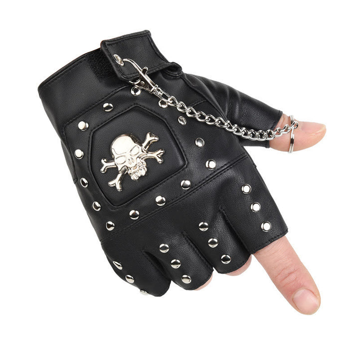 Schwarze, mit Totenkopf-Nieten besetzte Halbfinger-Motorradhandschuhe mit Kette - image 6