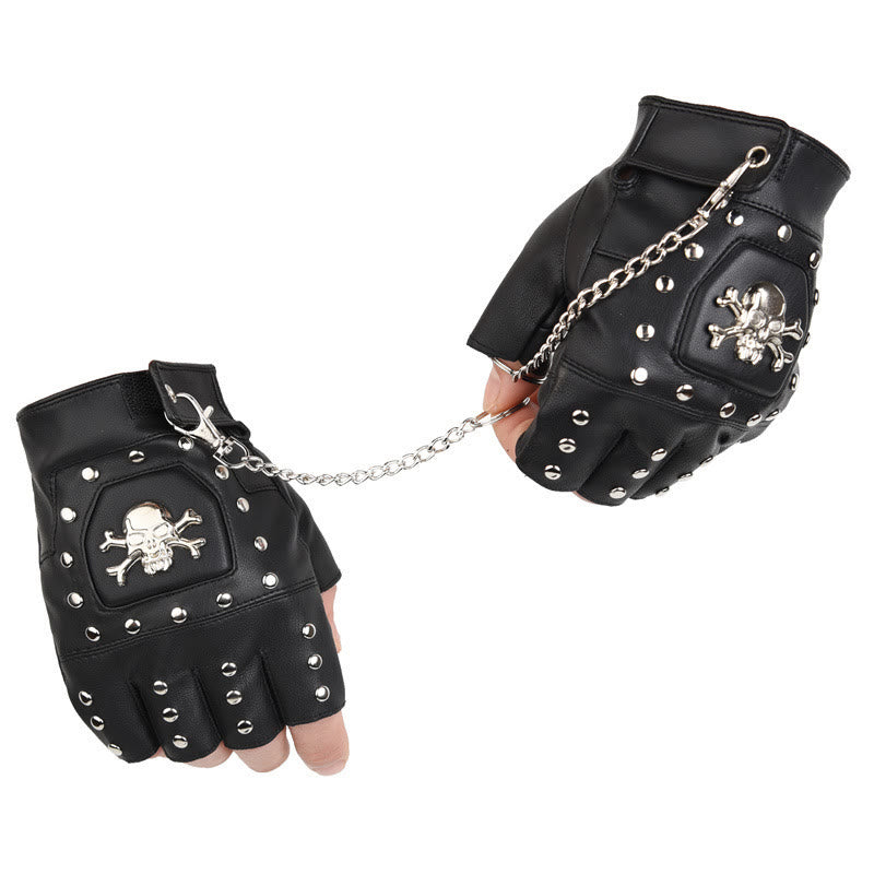 Schwarze, mit Totenkopf-Nieten besetzte Halbfinger-Motorradhandschuhe mit Kette - image 4