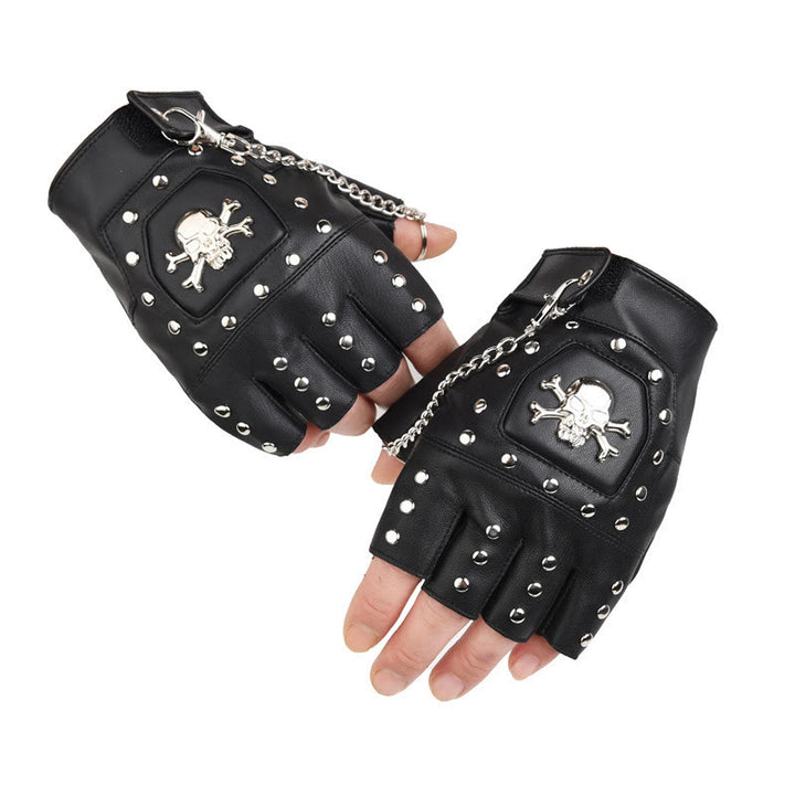 Schwarze, mit Totenkopf-Nieten besetzte Halbfinger-Motorradhandschuhe mit Kette - Schwarz - Einheitsgröße - image 0