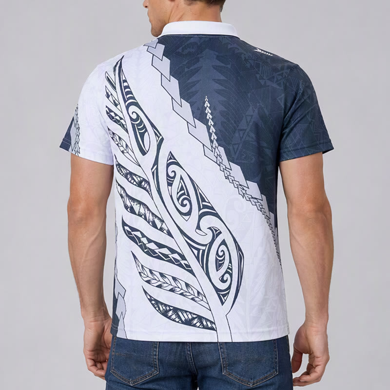 Poloshirt mit schwarz-weißem polynesischem Muster, 3D-Druck, Reißverschlusskragen - image 1