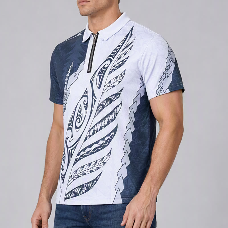 Poloshirt mit schwarz-weißem polynesischem Muster, 3D-Druck, Reißverschlusskragen - image 2