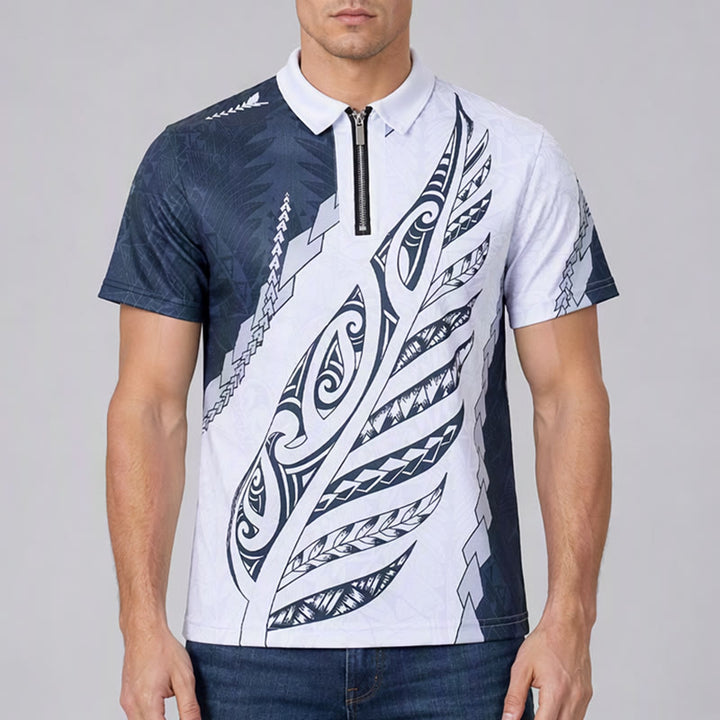 Poloshirt mit schwarz-weißem polynesischem Muster, 3D-Druck, Reißverschlusskragen - image 3