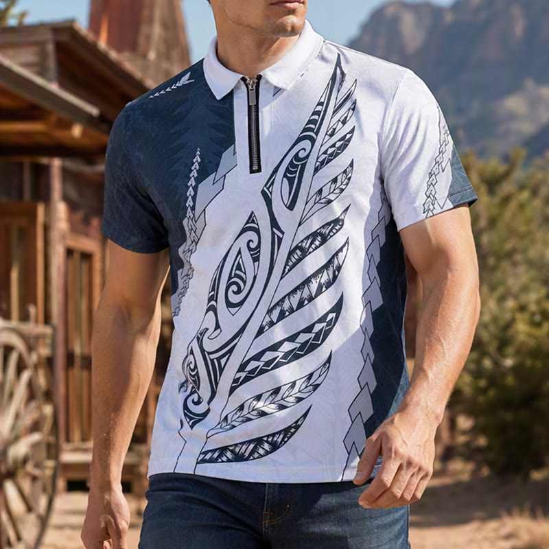 Poloshirt mit schwarz-weißem polynesischem Muster, 3D-Druck, Reißverschlusskragen - Schwarzweiß - 5XL - image 0