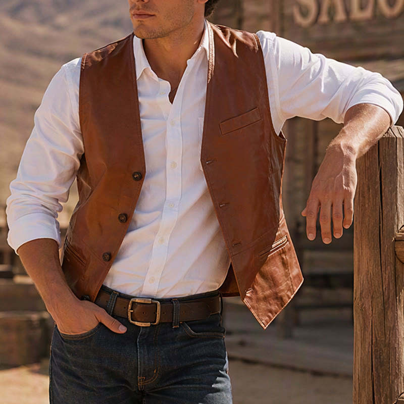 Herren-Weste im Vintage-Cowboy-Biker-Stil aus Kunstleder - Braun - 5XL - image 0