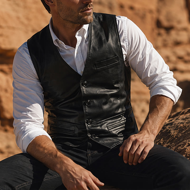Herren-Weste im Vintage-Cowboy-Biker-Stil aus Kunstleder - Schwarz - 5XL - image 4