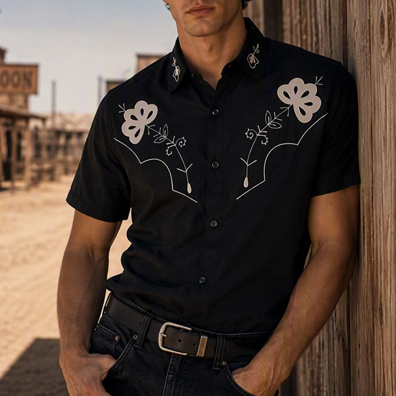 Schwarzes Cowboyhemd im Westernstil mit Blumenmuster und Schulterpasse - Schwarz - 5XL - image 0