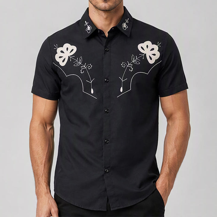 Schwarzes Cowboyhemd im Westernstil mit Blumenmuster und Schulterpasse - image 1