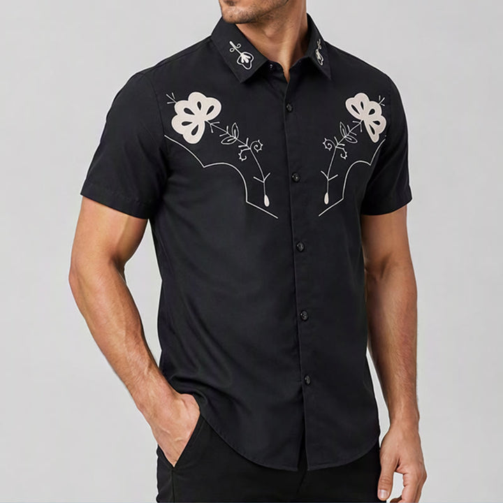 Schwarzes Cowboyhemd im Westernstil mit Blumenmuster und Schulterpasse - image 3