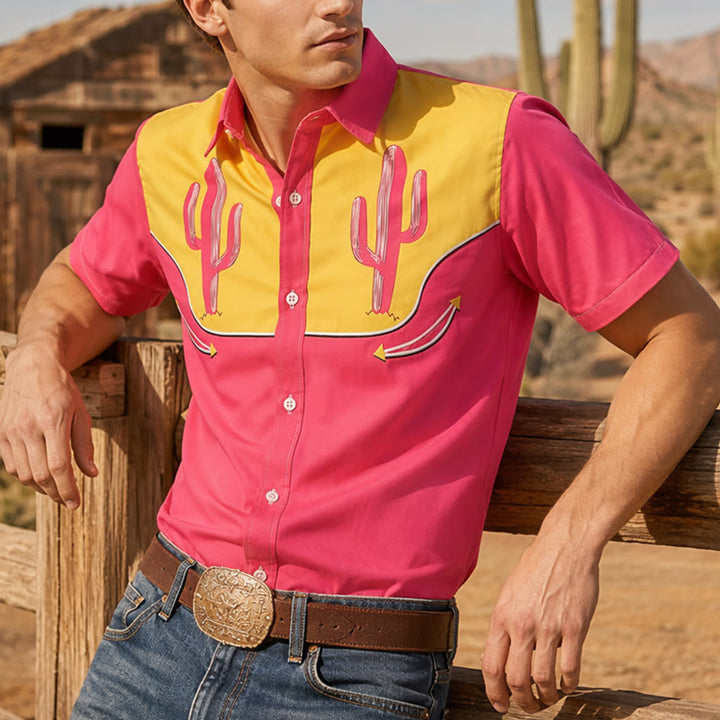 Westernhemd mit pink-gelbem Kaktus-Joch - Knallpink und Gelb - 5XL - image 0