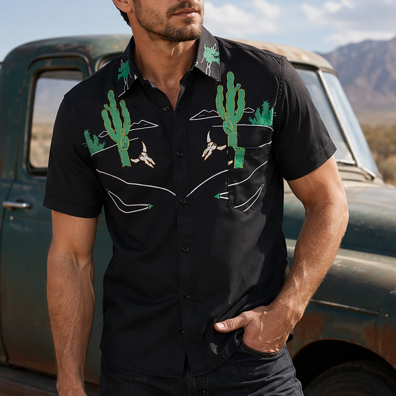 Cowboyhemd mit schwarzem Kaktus- und Longhorn-Schädelmotiv - Schwarz - 5XL - image 0