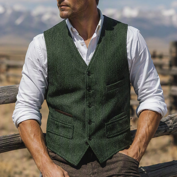 Klassische Western-Anzugweste für Herren aus Tweed mit Fischgrätmuster - Dunkelgrün - 3XL - image 4