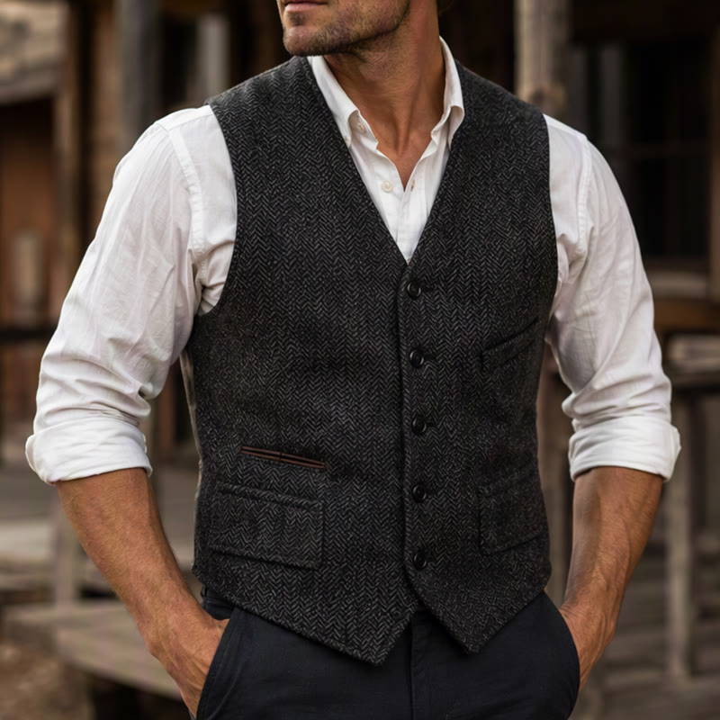 Klassische Western-Anzugweste für Herren aus Tweed mit Fischgrätmuster - Schwarz - 3XL - image 5