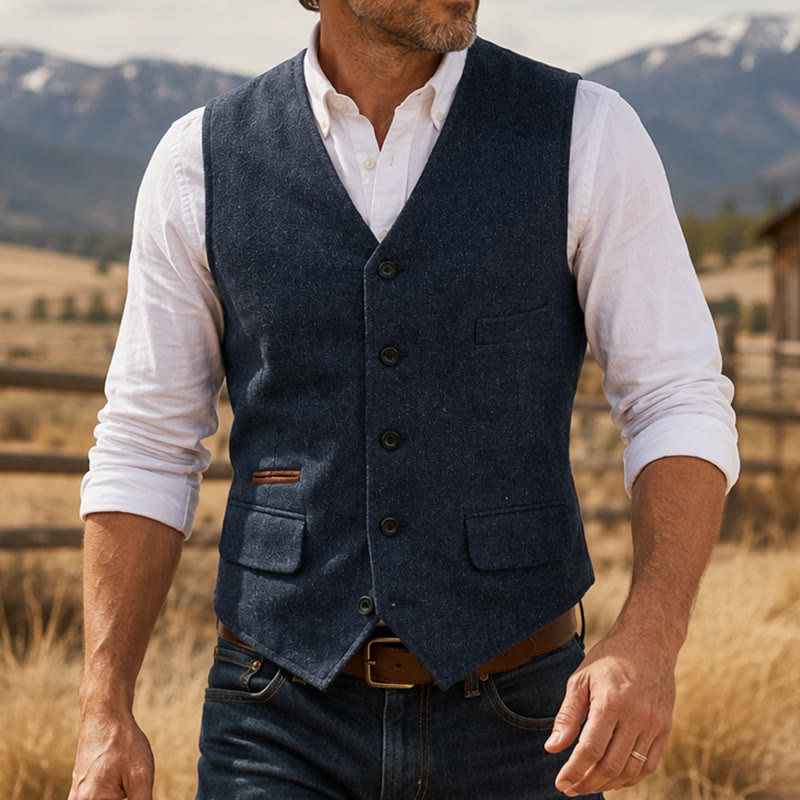Klassische Western-Anzugweste für Herren aus Tweed mit Fischgrätmuster - Marine - 3XL - image 0