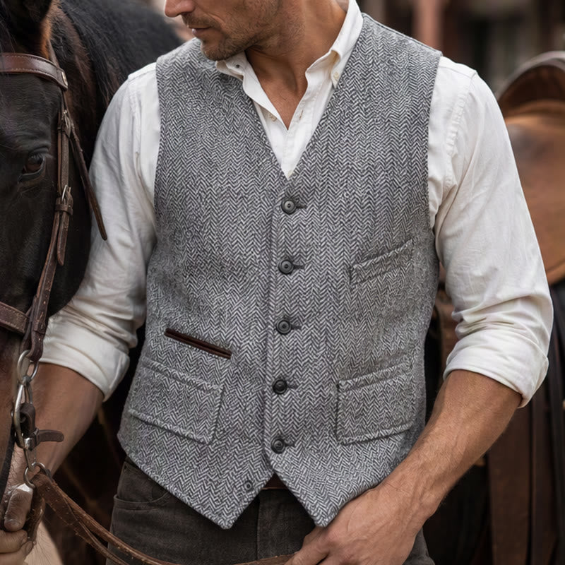 Klassische Western-Anzugweste für Herren aus Tweed mit Fischgrätmuster - Hellgrau - 3XL - image 7