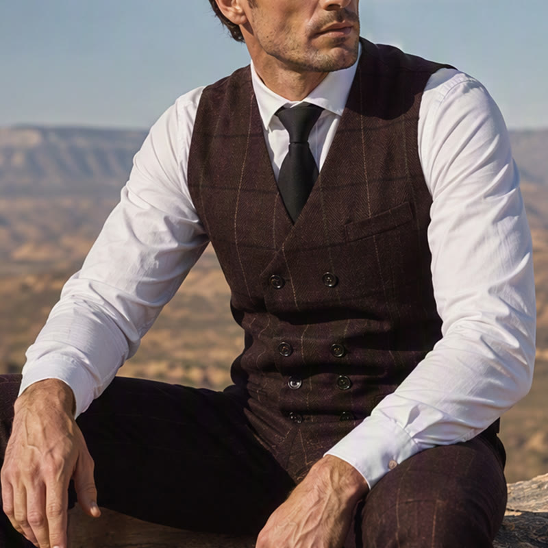 Herren-Anzugweste mit Karomuster im Peaky Blinders-Stil - Kaffee - 2XL - image 4