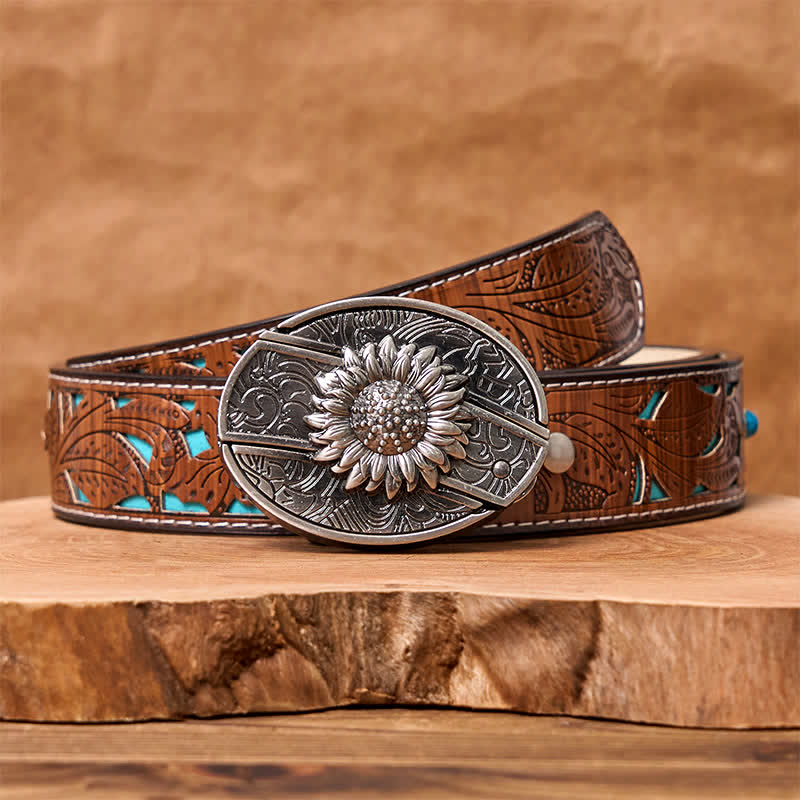 Herren DIY Sonnenblumen-Klappmesser-Ledergürtel - Sonnenblume - Türkisfarbener geschnitzter Gürtel - 42 - image 7