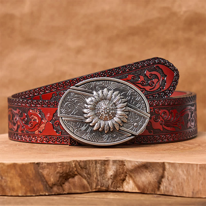 Herren DIY Sonnenblumen-Klappmesser-Ledergürtel - Sonnenblume - Brauner geschnitzter Gürtel - 42 - image 8