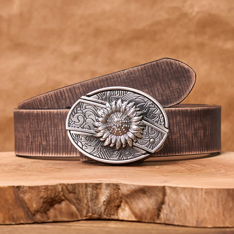 Herren DIY Sonnenblumen-Klappmesser-Ledergürtel - Sonnenblume - Brauner Distressed-Gürtel - 42 - image 10