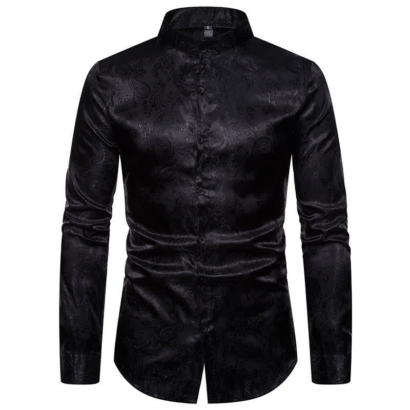 Herrenhemd aus dunklem Jacquard-Satin mit Rosenmuster, Stehkragen und langen Ärmeln - Schwarz - 2XL - image 11