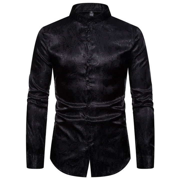 Herrenhemd aus dunklem Jacquard-Satin mit Rosenmuster, Stehkragen und langen Ärmeln - Schwarz - 2XL - image 11