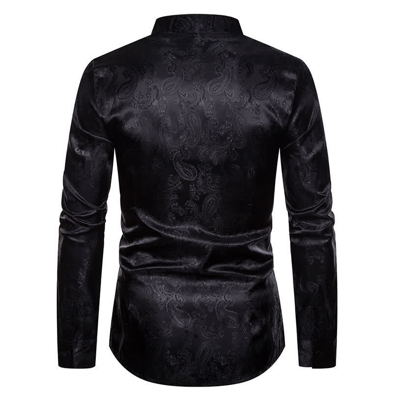 Herrenhemd aus dunklem Jacquard-Satin mit Rosenmuster, Stehkragen und langen Ärmeln - image 12