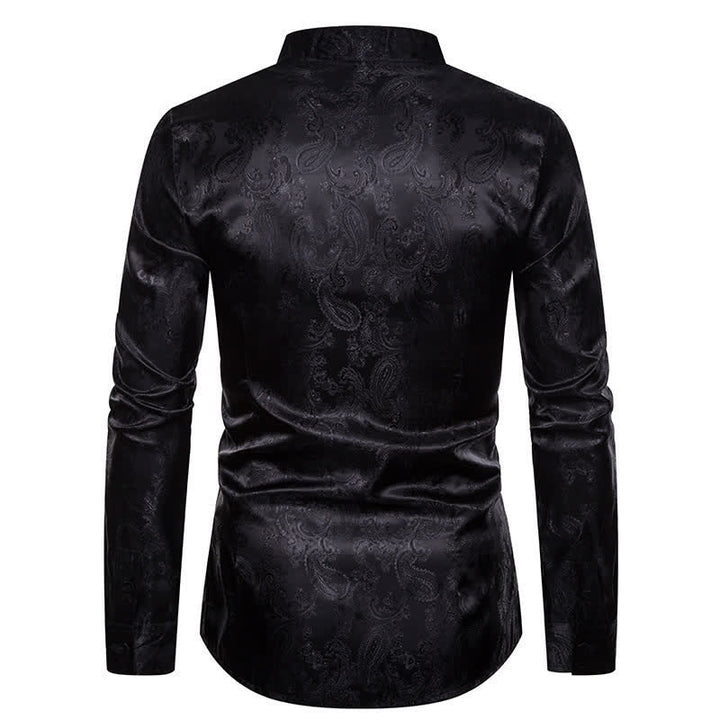 Herrenhemd aus dunklem Jacquard-Satin mit Rosenmuster, Stehkragen und langen Ärmeln - image 12