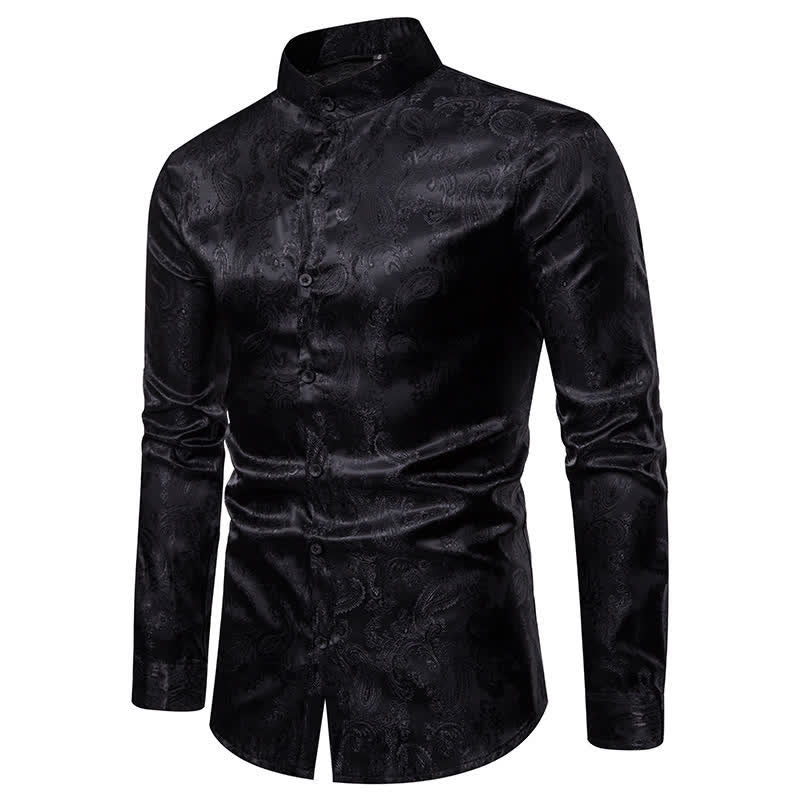 Herrenhemd aus dunklem Jacquard-Satin mit Rosenmuster, Stehkragen und langen Ärmeln - image 13