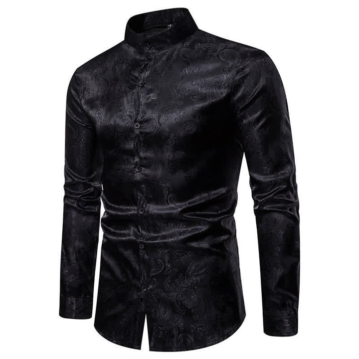 Herrenhemd aus dunklem Jacquard-Satin mit Rosenmuster, Stehkragen und langen Ärmeln - image 13