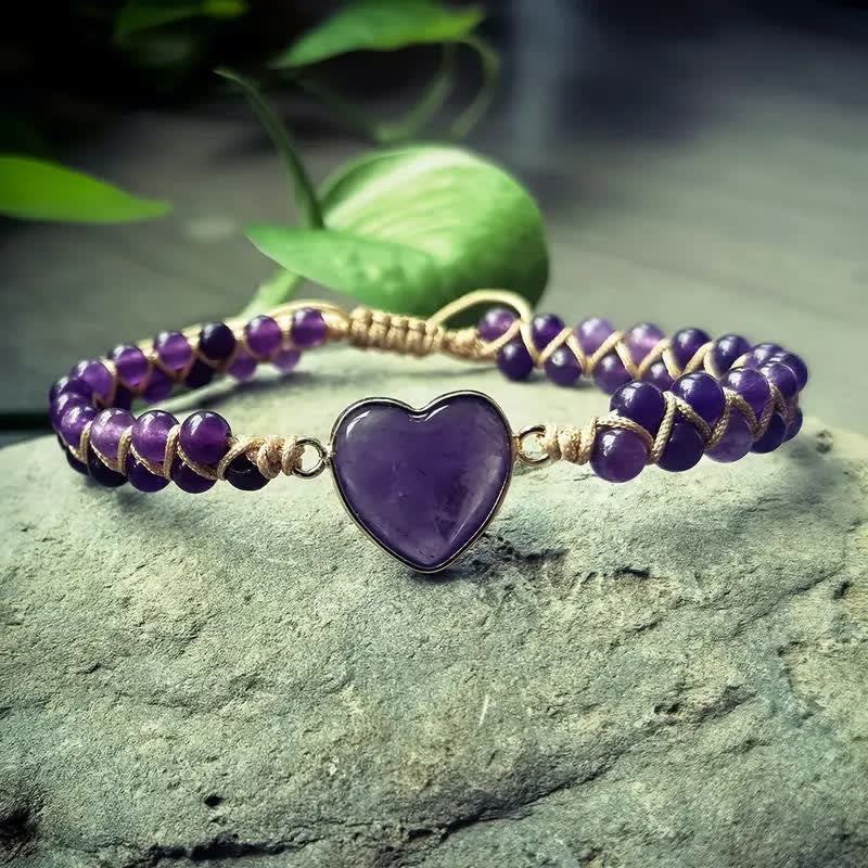 Herzförmiges, verstellbares Makramee-Armband aus Naturstein - Lila - image 13