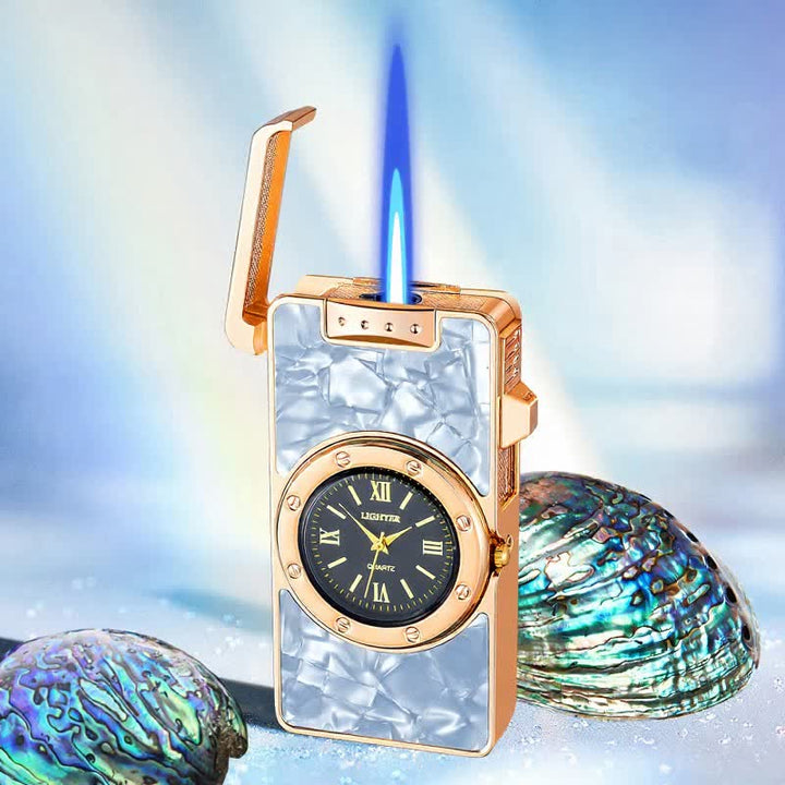 Time Flame Feuerzeug mit bunten Muscheln und Uhr - Weißer Perlmutt - Gold - image 11