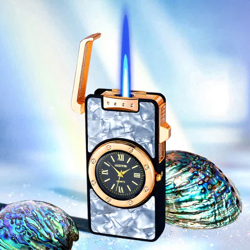Time Flame Feuerzeug mit bunten Muscheln und Uhr - Weißer Perlmutt - Mattschwarz - image 17