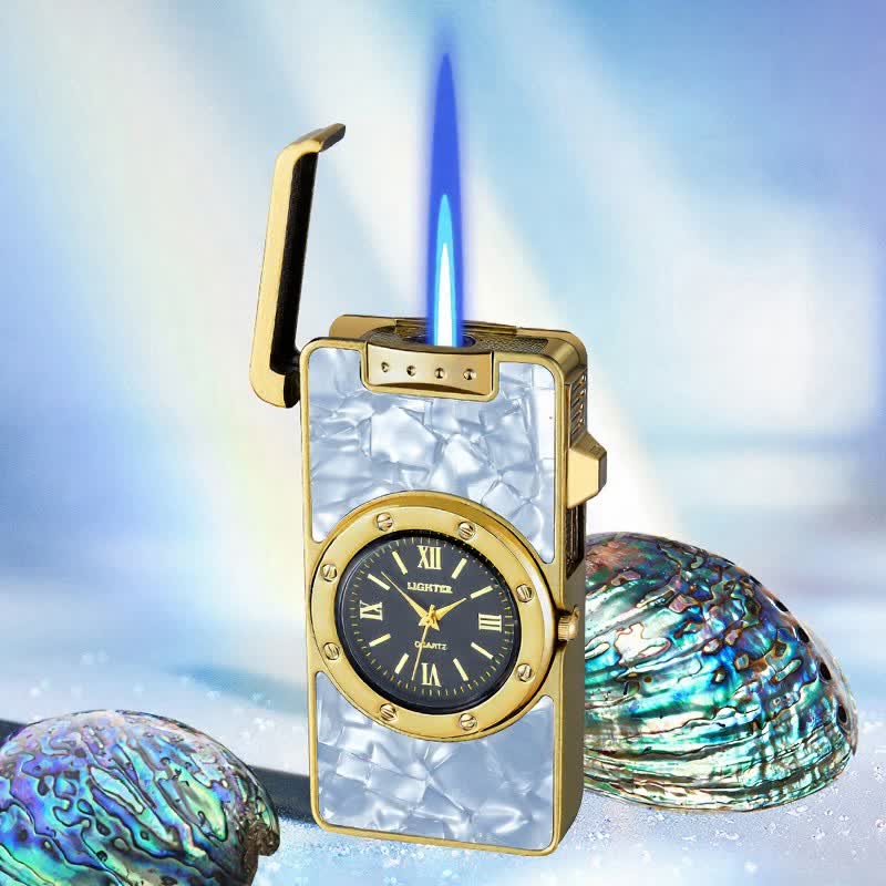 Time Flame Feuerzeug mit bunten Muscheln und Uhr - Weißer Perlmutt - Bronze - image 20