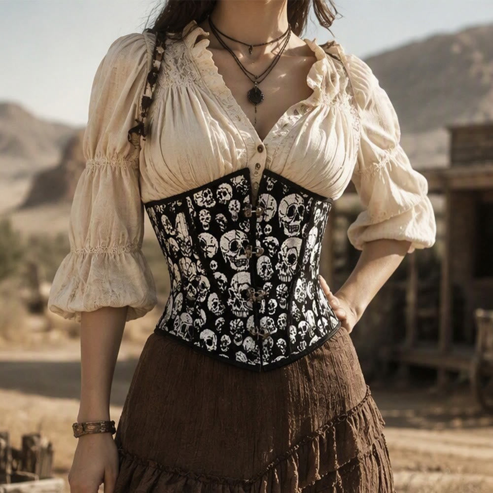Gothic-Korsett für Damen mit Totenkopf-Print, elastischem Bund und Verschluss vorne – ideal für Halloween, Punk und Cosplay - image 0