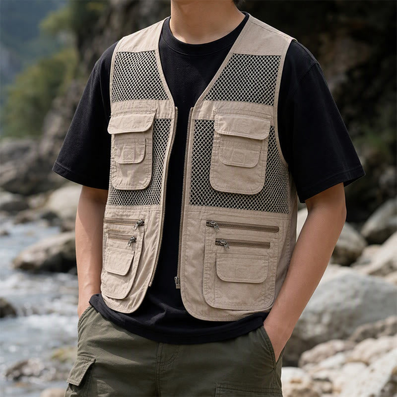 Herren-Vier-Jahreszeiten-Reißverschluss-Mesh-Utility-Weste aus reiner Baumwolle - Khaki - 7XL - image 0