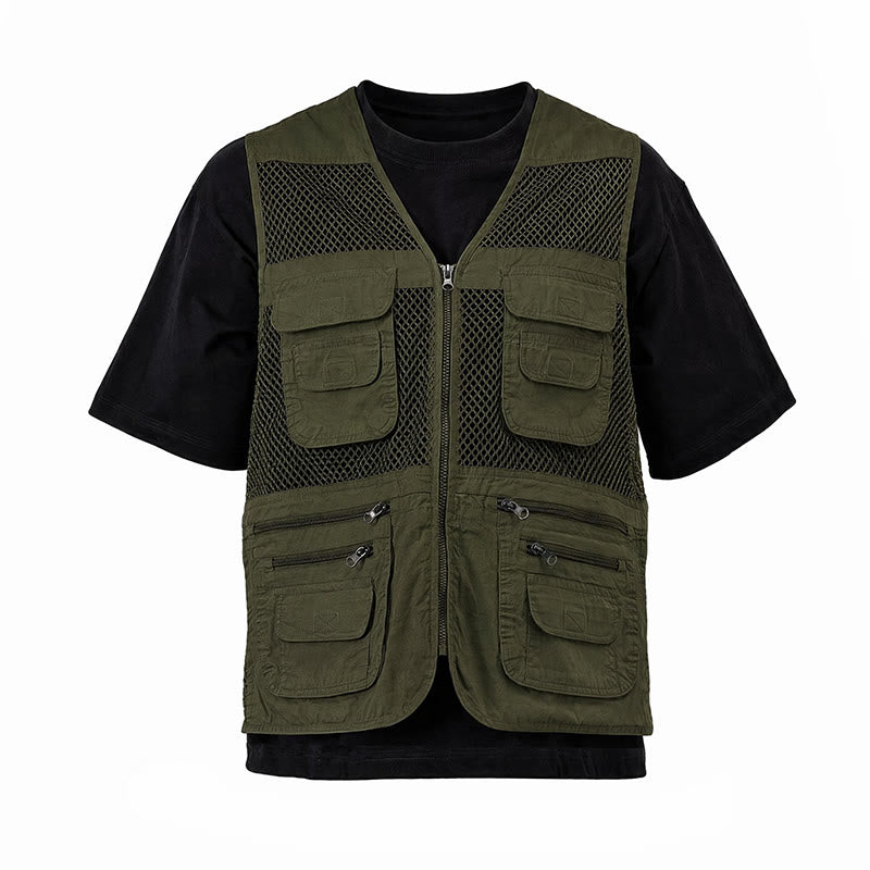 Herren-Vier-Jahreszeiten-Reißverschluss-Mesh-Utility-Weste aus reiner Baumwolle - Helles Armeegrün - 7XL - image 12