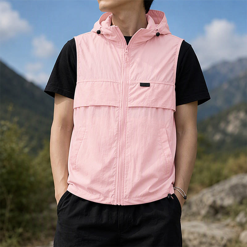 Atmungsaktive, mit Kapuze versehene Sonnenschutzweste für Herren für Outdoor-Sportarten - Eisiger Nebel Rosa - 3XL - image 8