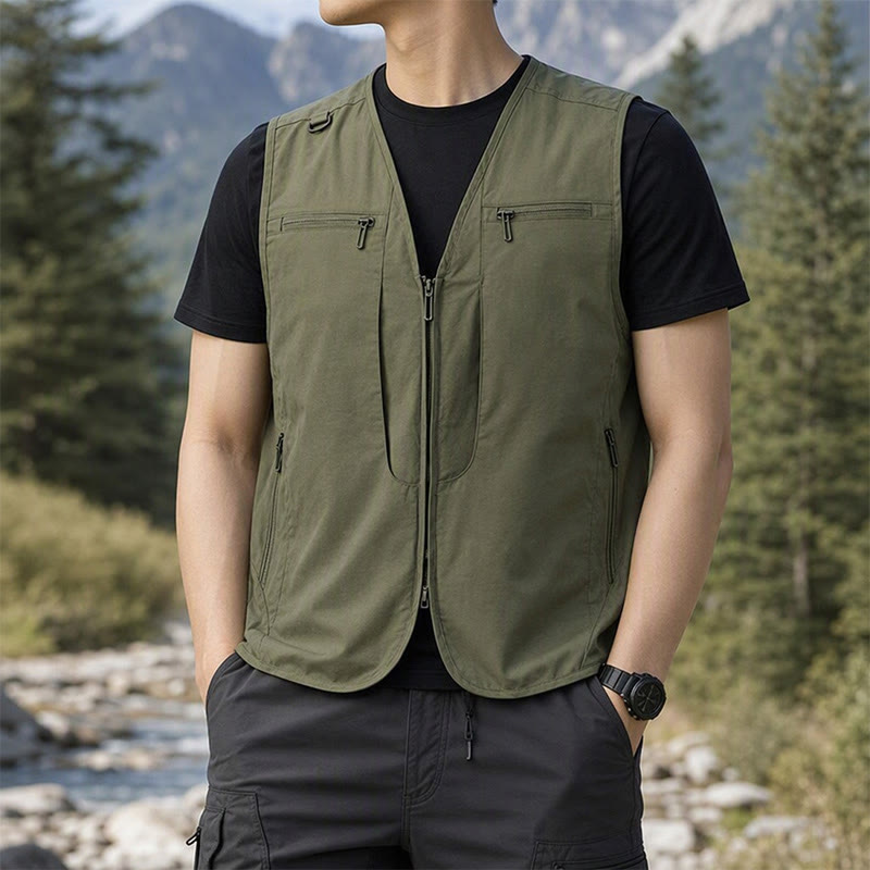 Herren Outdoor-Weste mit mehreren Reißverschlusstaschen, schnelltrocknend, vielseitig einsetzbar - Armeegrün - 8XL - image 7