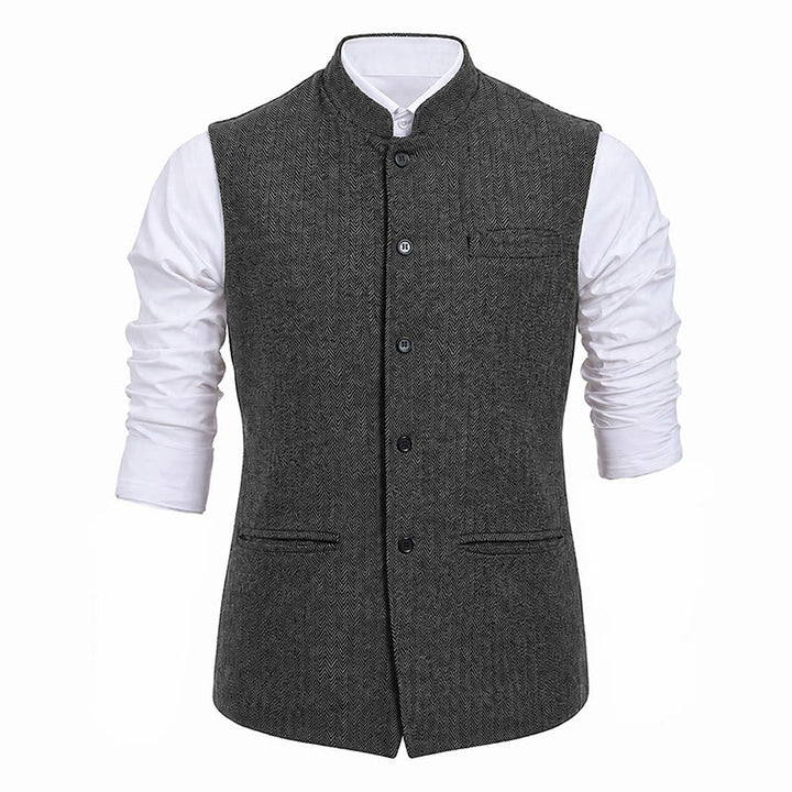 Herren-Anzugweste aus Fischgrät-Tweed mit Stehkragen - image 20