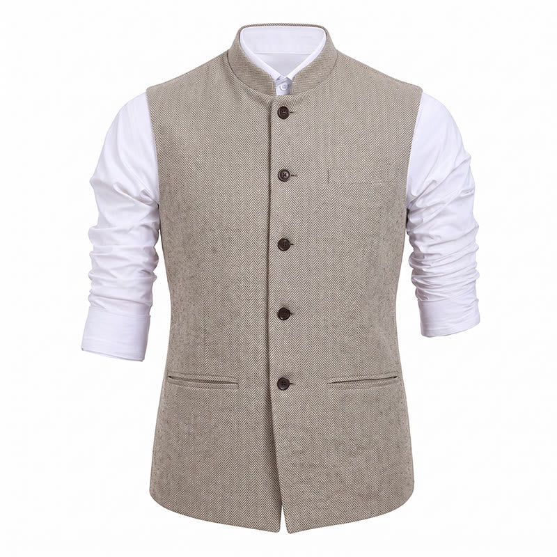 Herren-Anzugweste aus Fischgrät-Tweed mit Stehkragen - image 33