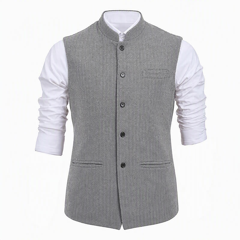 Herren-Anzugweste aus Fischgrät-Tweed mit Stehkragen - image 21