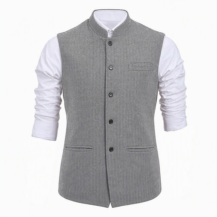 Herren-Anzugweste aus Fischgrät-Tweed mit Stehkragen - image 21