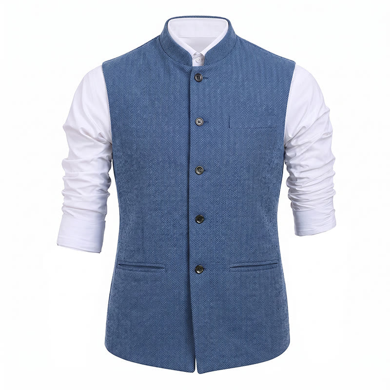 Herren-Anzugweste aus Fischgrät-Tweed mit Stehkragen - image 29
