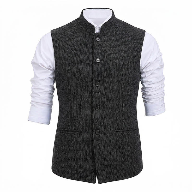 Herren-Anzugweste aus Fischgrät-Tweed mit Stehkragen - image 22