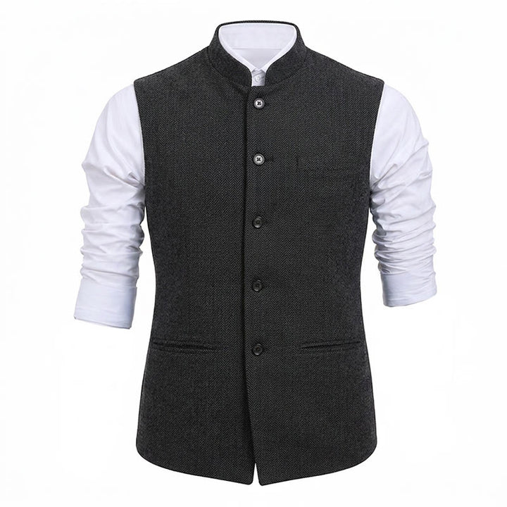 Herren-Anzugweste aus Fischgrät-Tweed mit Stehkragen - image 22