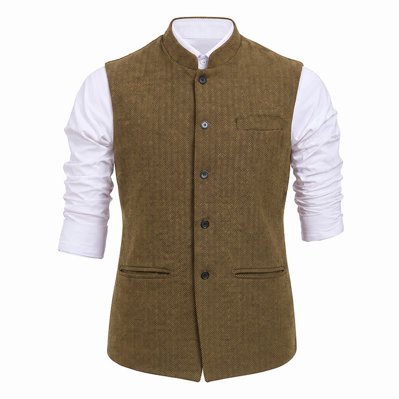 Herren-Anzugweste aus Fischgrät-Tweed mit Stehkragen - image 31