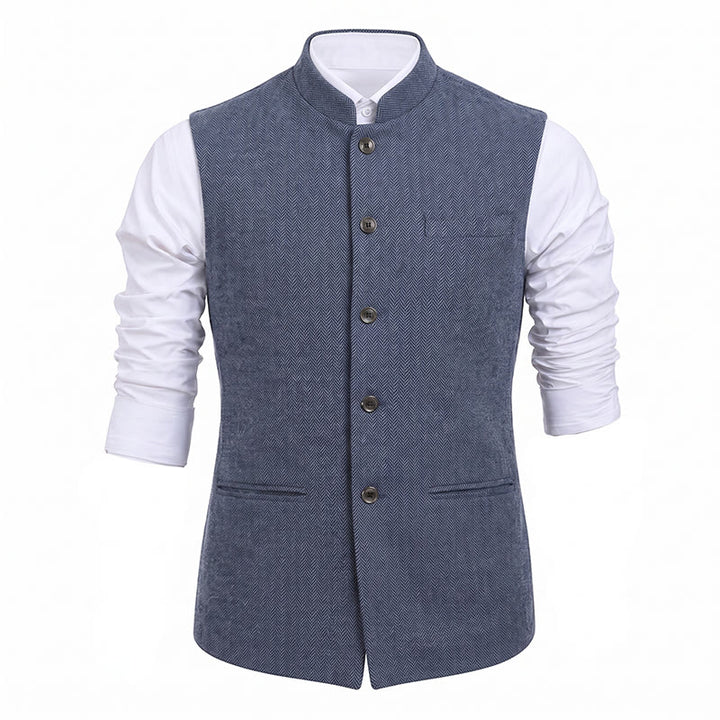 Herren-Anzugweste aus Fischgrät-Tweed mit Stehkragen - image 30