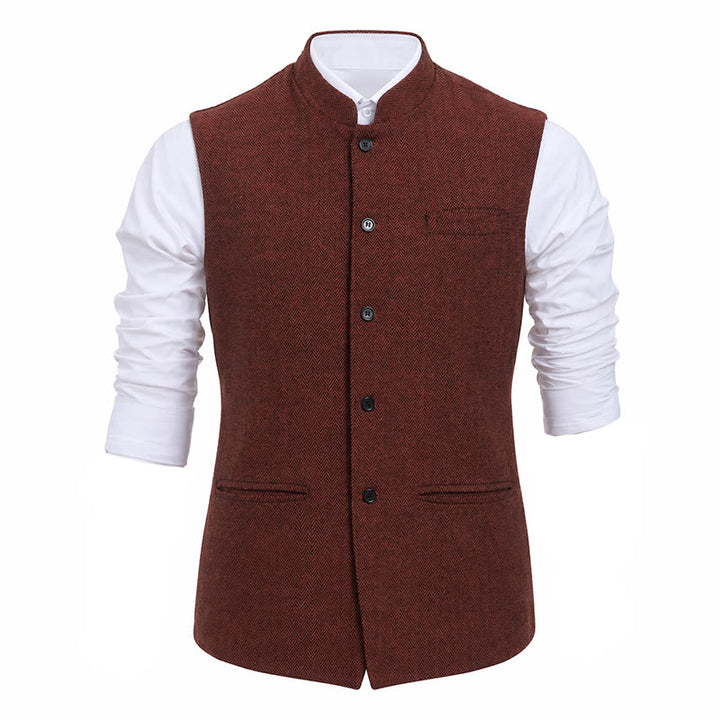 Herren-Anzugweste aus Fischgrät-Tweed mit Stehkragen - image 18